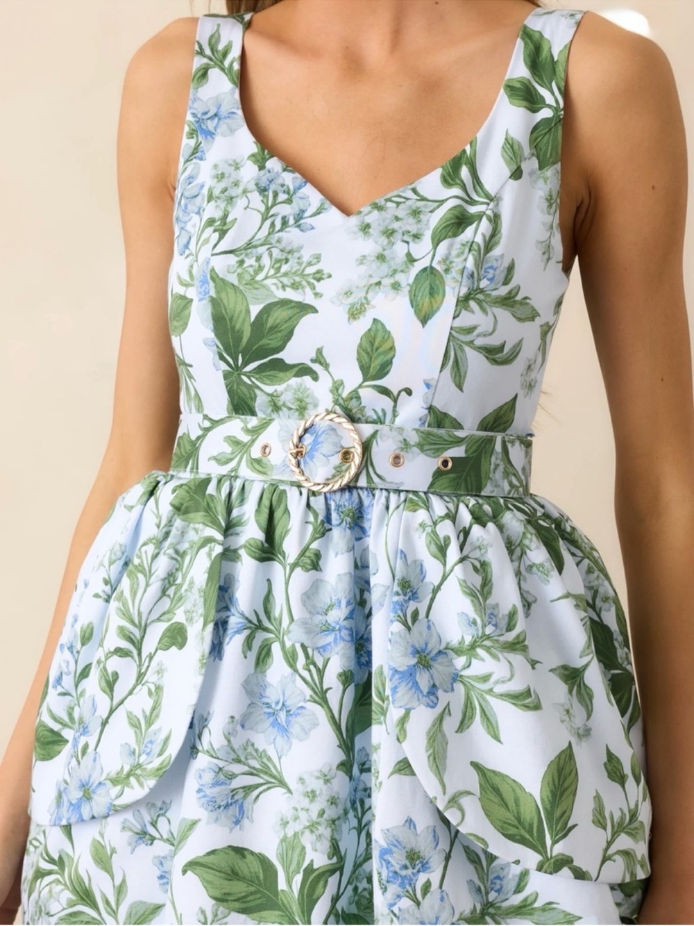 Floral Belted V-Neck Wedding Dress in Light Blue and Green